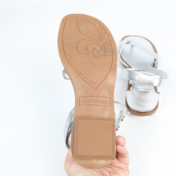 Franco Sarto Silver Leather Parker Ankle Strap Thong Sandals Size 6 - Picture 7 of 11